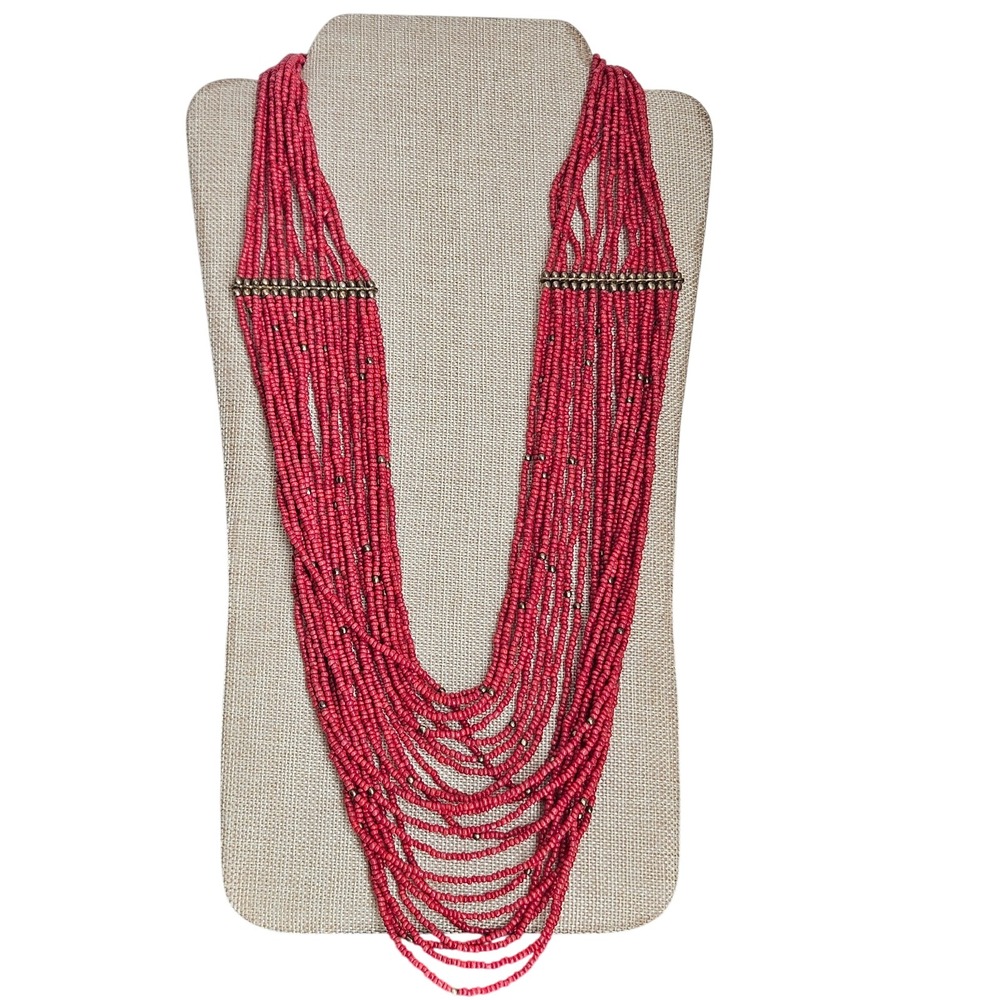 Necklace Multi-Strand‎ Long Waterfall Red Mulberry Seed Bead Faceted Gold Tone